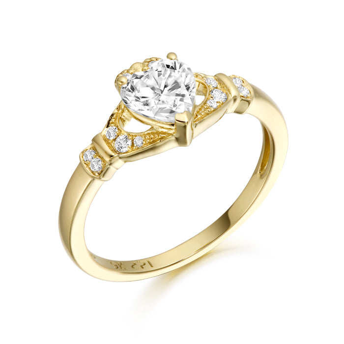 9ct Yellow Gold Sparkling Pavé CZ Claddagh Ring