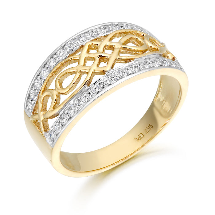 9ct Yellow Gold Celtic Knot Double Pave Set CZ Ring