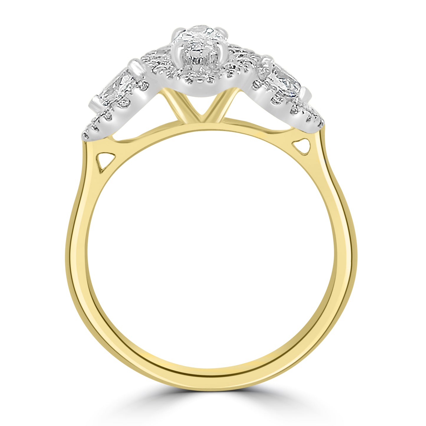 18ct Yellow Gold Marquise & Pear Three Stone & Halo Diamond Ring, 0.97ct