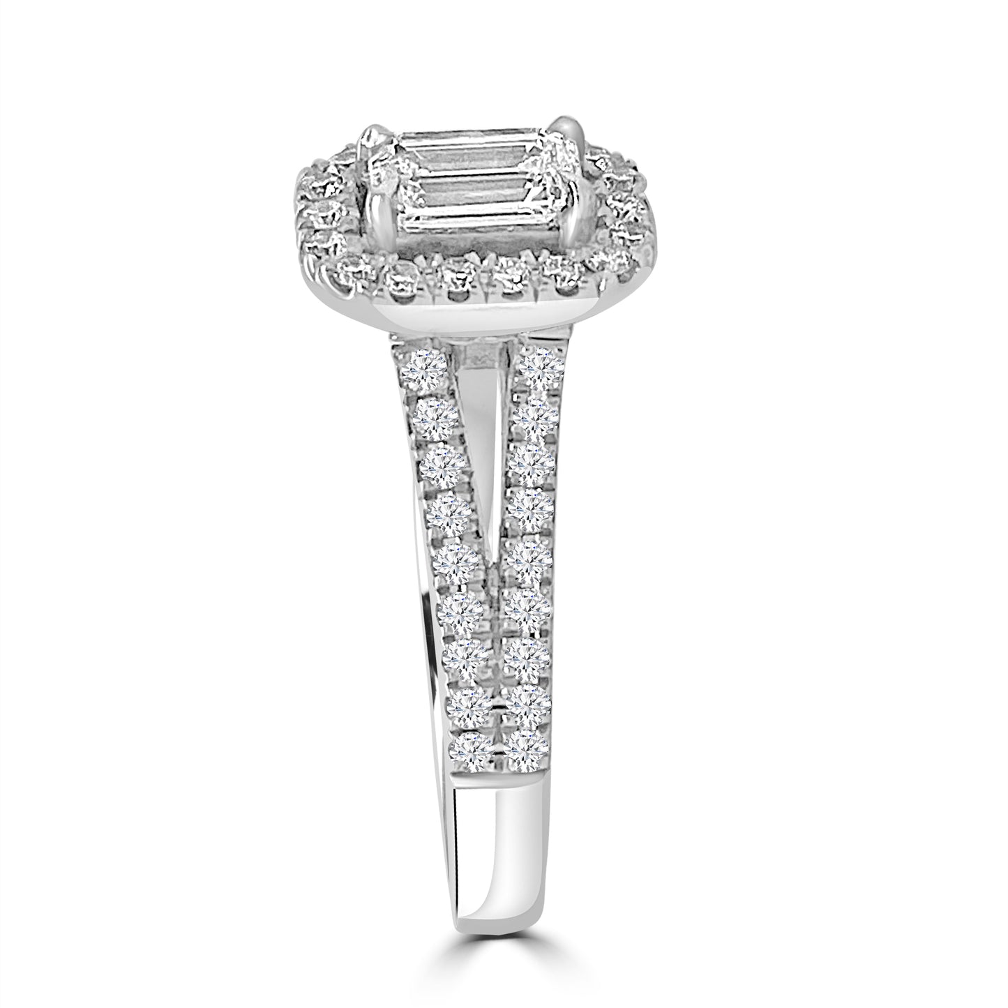 Platinum Emerald & Halo, Split Shoulder Set Diamonds, 0.88ct