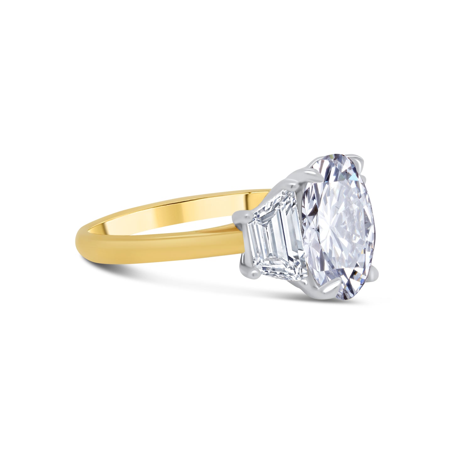 Laboratory Grown, Oval & Trapezium Cut Three Stone, 18ct Yellow Gold Diamond Ring, 3.16ct