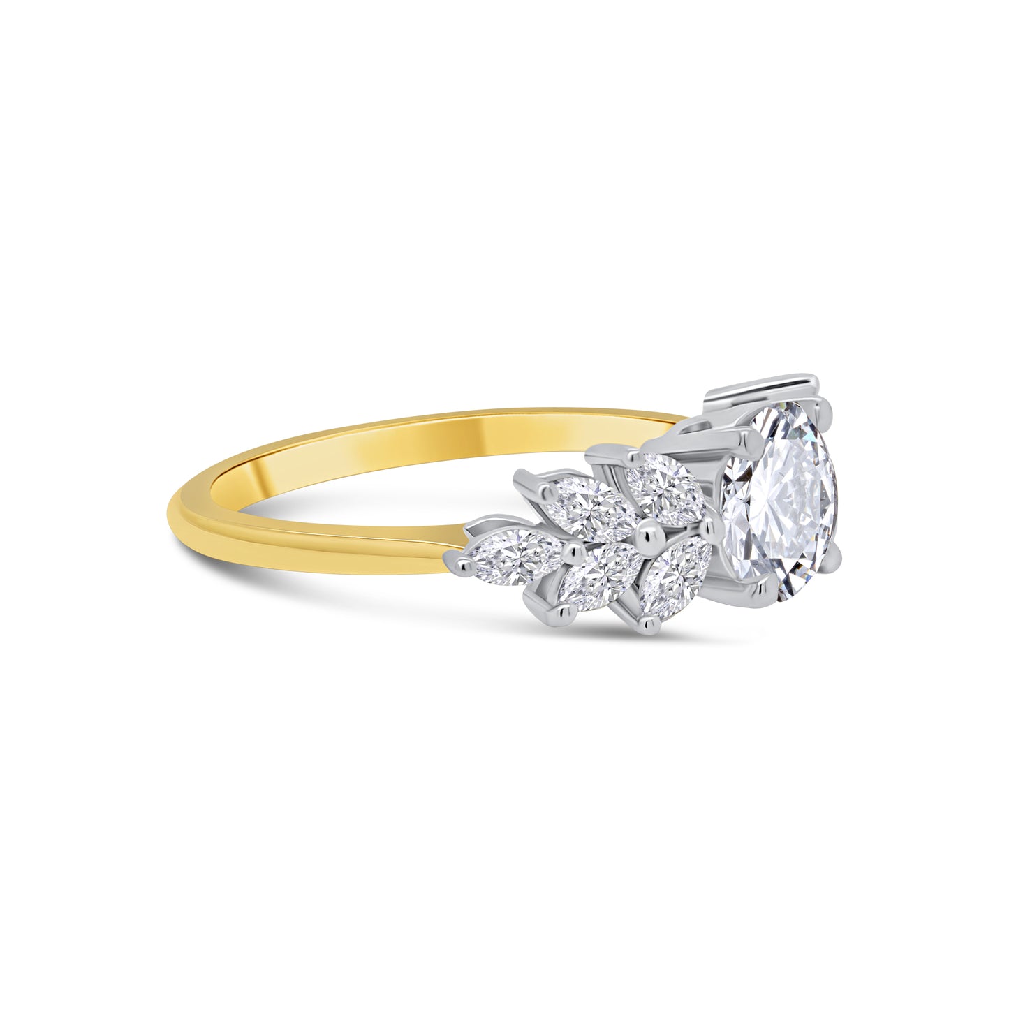 Laboratory Grown Diamond, Round & Marquise Laurel Leaf Diamond Detailed, 18ct Yellow Gold Ring, 1.40ct