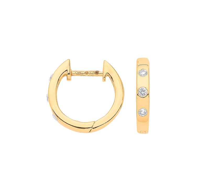 9ct Yellow Gold Rub Over Diamond Huggie Hoop Earrings