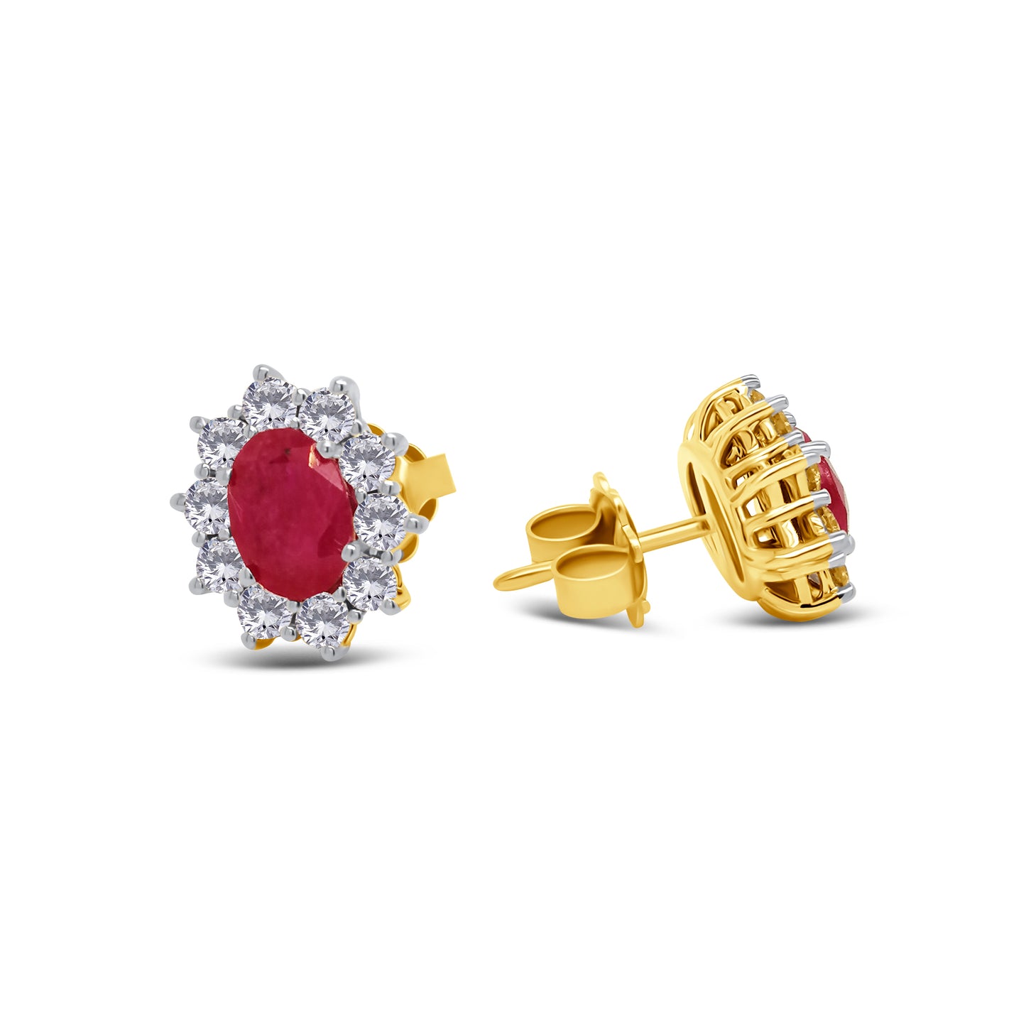 18ct Yellow Gold Oval Ruby & Diamond Halo Stud Earrings
