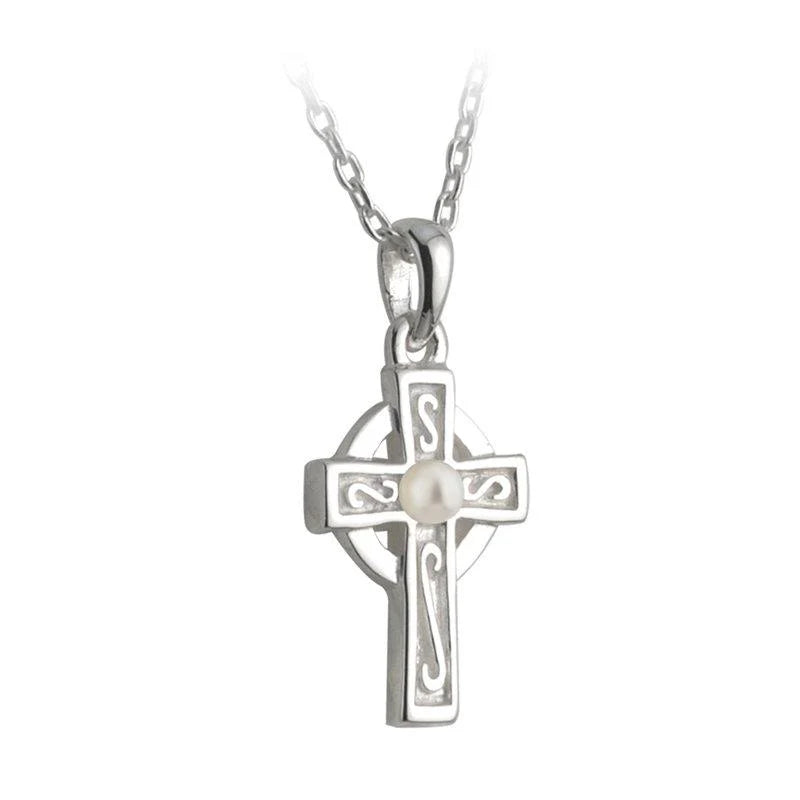 Sterling Silver Rhodium Plated Communion Pearl Cross Necklace