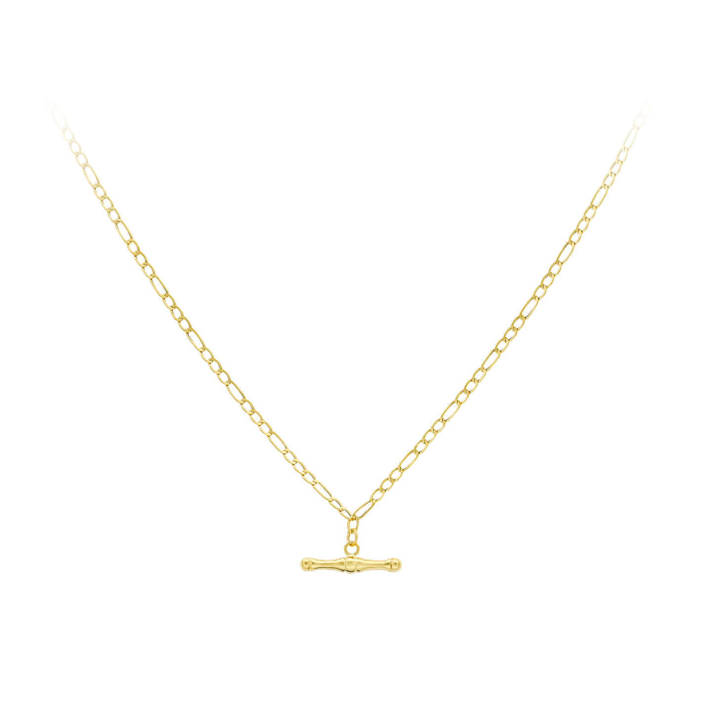 A 9ct yellow gold T-bar figaro necklace with a diamond cut chain and a clasp spring presented on a 18-inch chain.