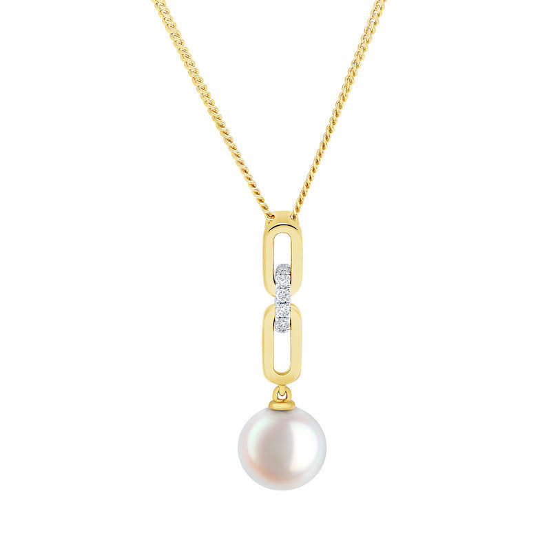 18ct Yellow Gold Akoya Pearl & Diamond Pendant Necklace