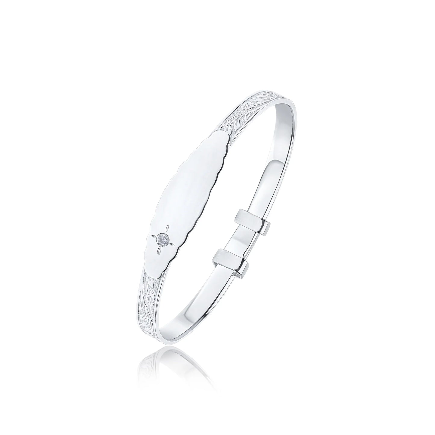 Sterling Silver Floral 4mm Beaded Edge ID Plate & White CZ Baby Bangle