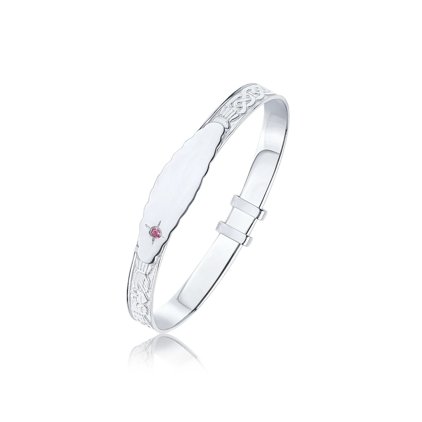 Sterling Silver Claddagh 4mm Beaded Edge ID Plate & Pink CZ Baby Bangle