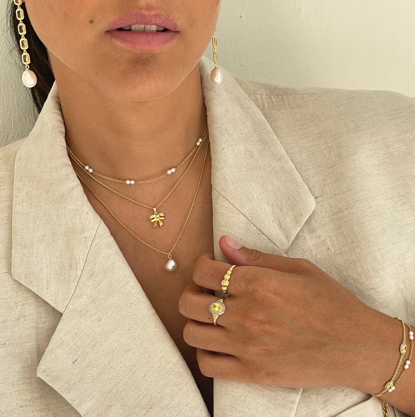 Sterling Silver Yellow Gold Plated Pearl Chain Bracelet