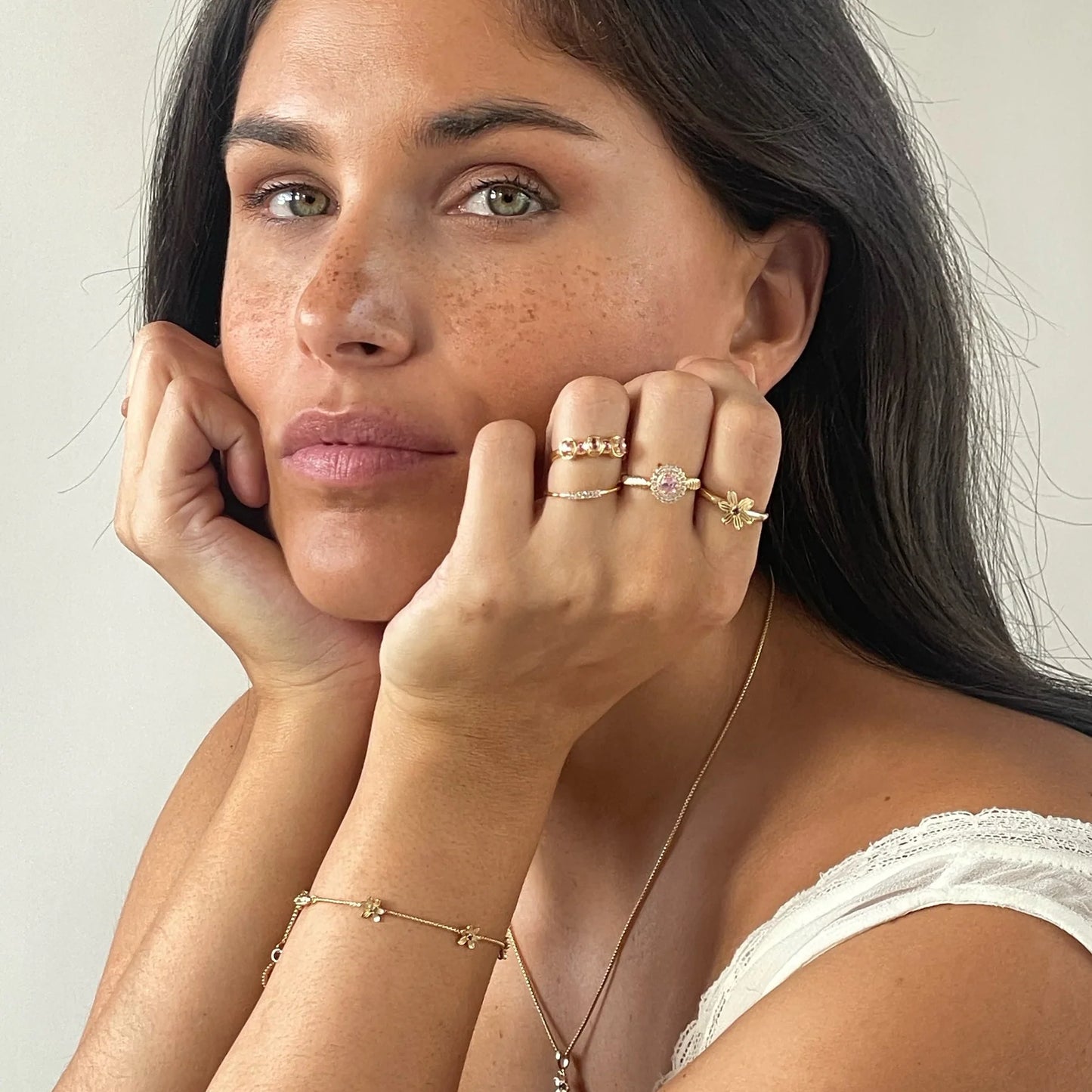 Sterling Silver Yellow Gold Plated Pink CZ Flower Bracelet