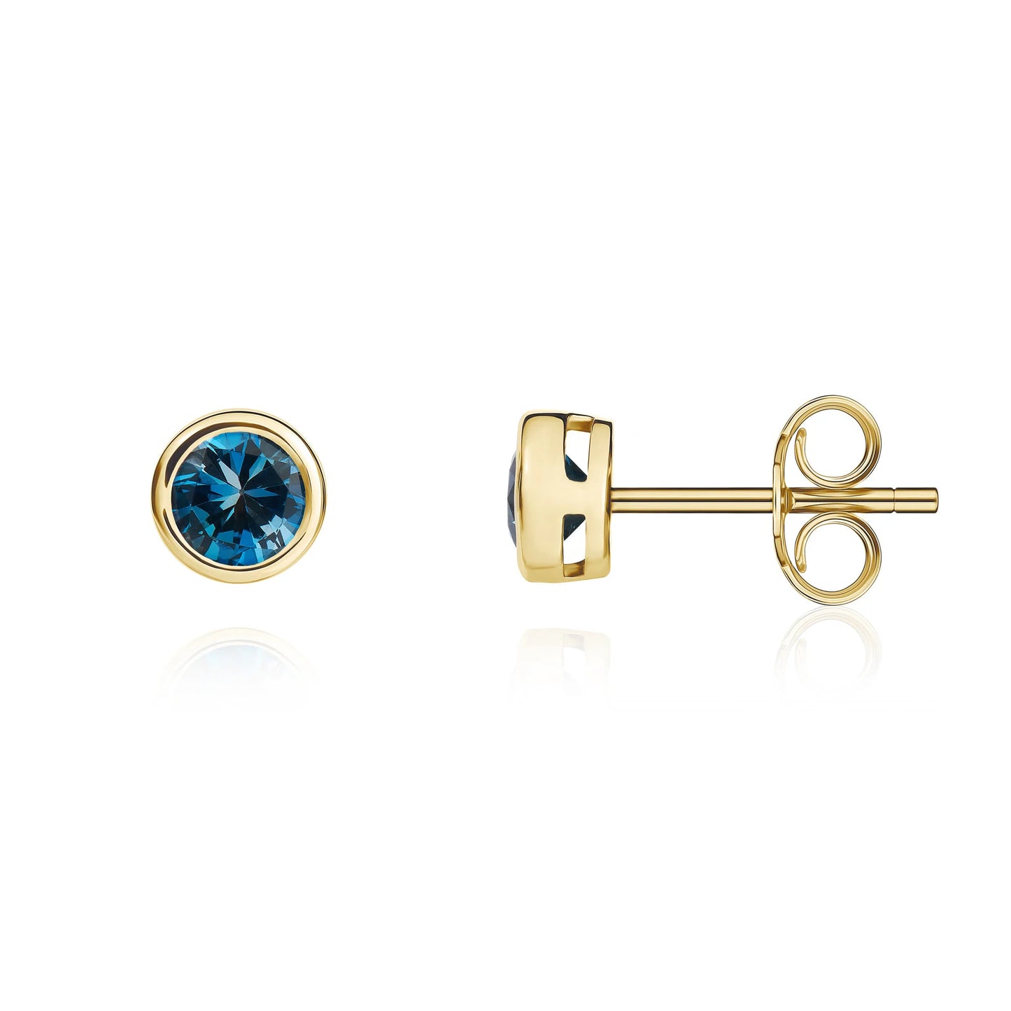 9ct Yellow Gold Round London Blue Topaz Rubover Stud Earrings