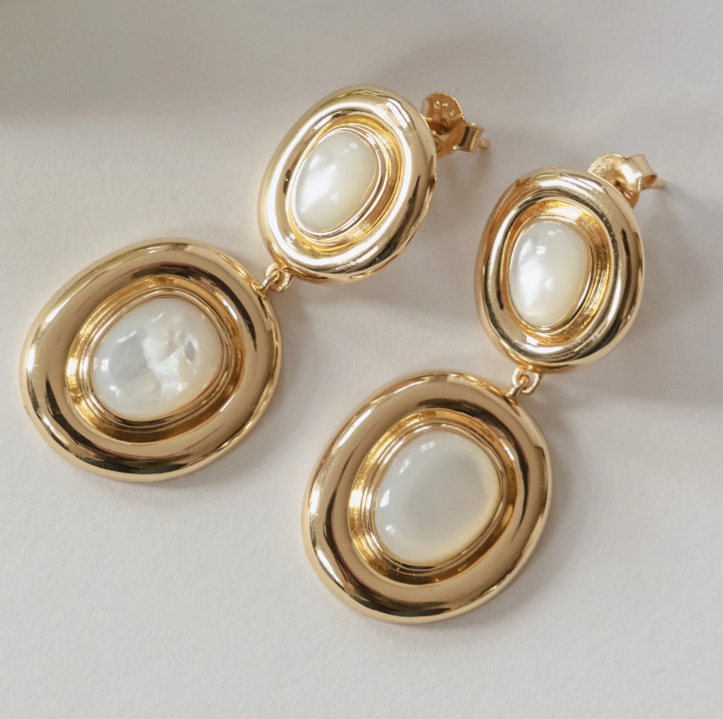 Sterling Silver Yellow Gold Plated Mother of Pearl Oval Drop Earrings