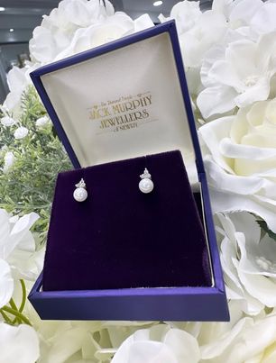 Sterling Silver Pearl & CZ Cluster Earrings