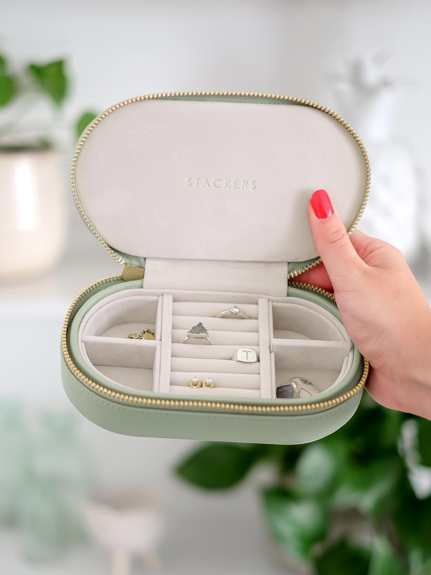 Stackers Sage Green Oval Zipped Travel Jewellery Box