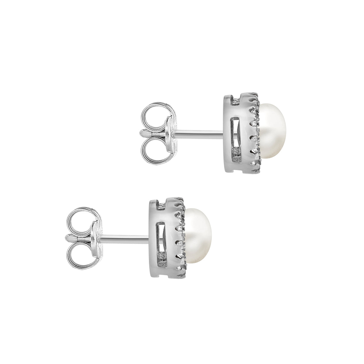 Sterling Silver 8mm Halo CZ & Pearl Stud Earrings