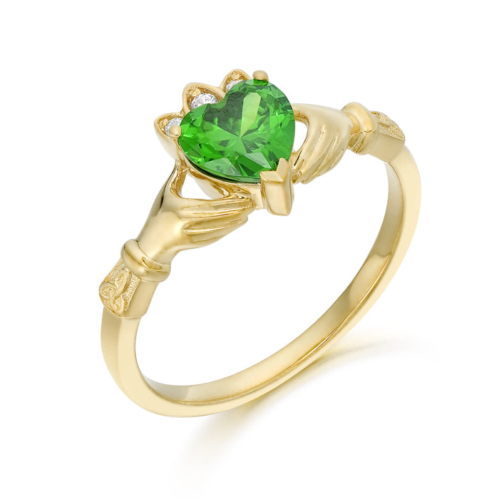 9ct Yellow Gold Claw Set Claddagh Green Heart & CZ Set Crown Ring - Size L