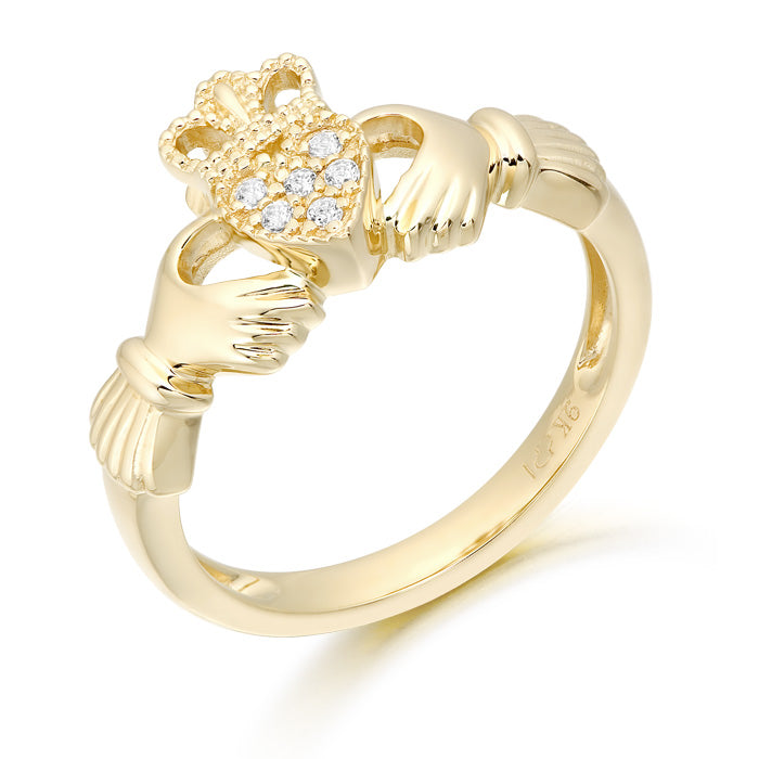 9ct Yellow Gold Pave CZ Claddagh Heart Ring