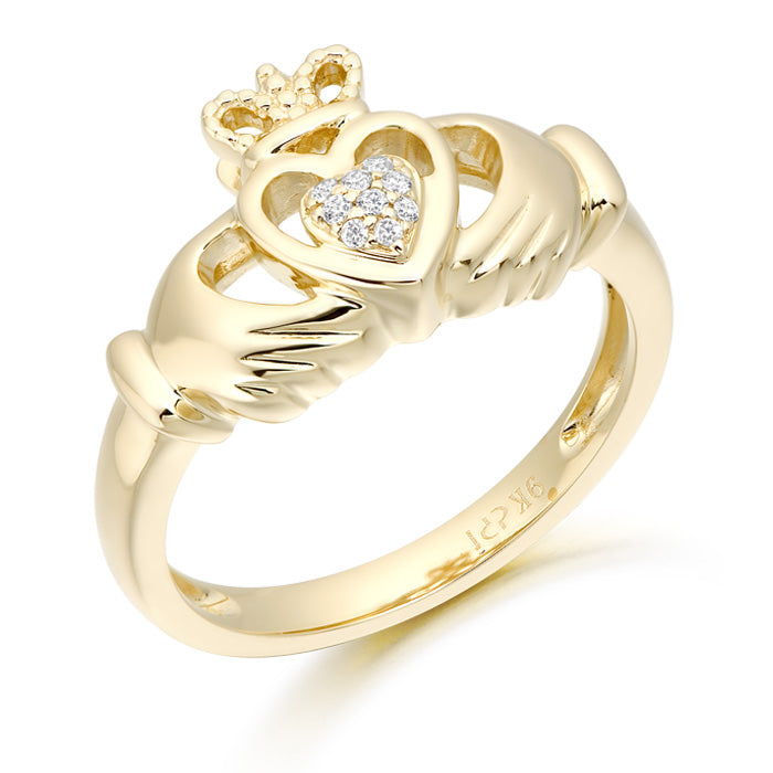9ct Yellow Gold Pave CZ Claddagh Open Heart Ring