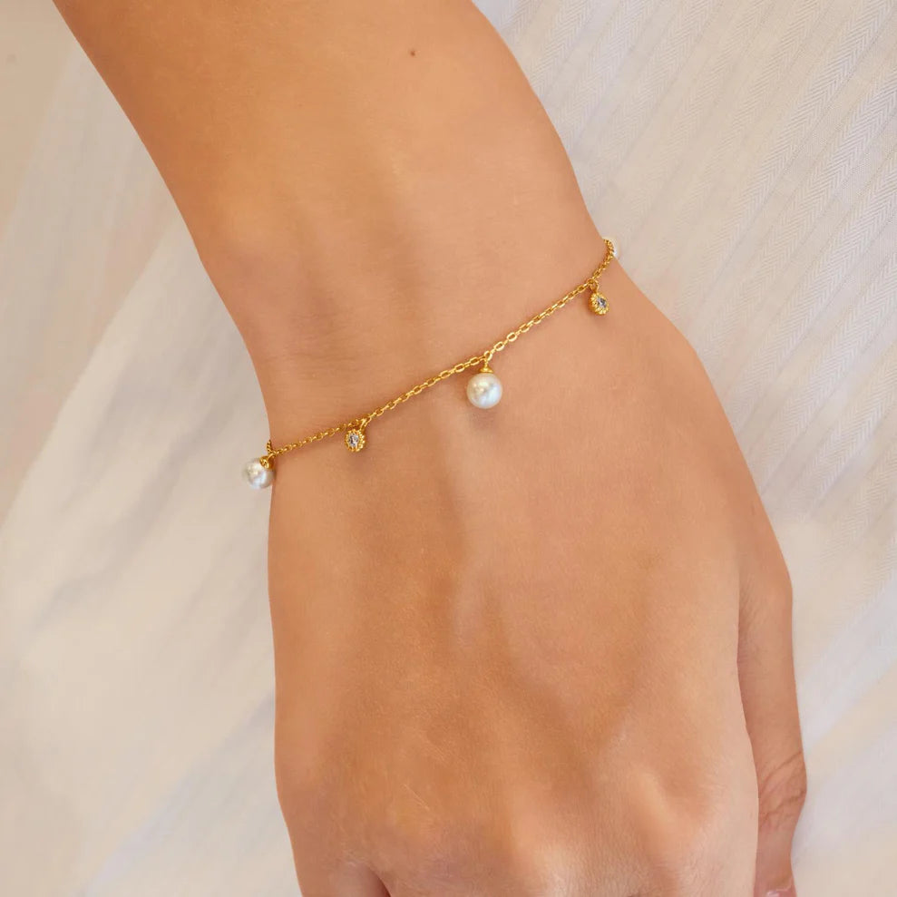Ania Haie Gold Plated Shell Pearl & Sparkle Drop Station Bracelet