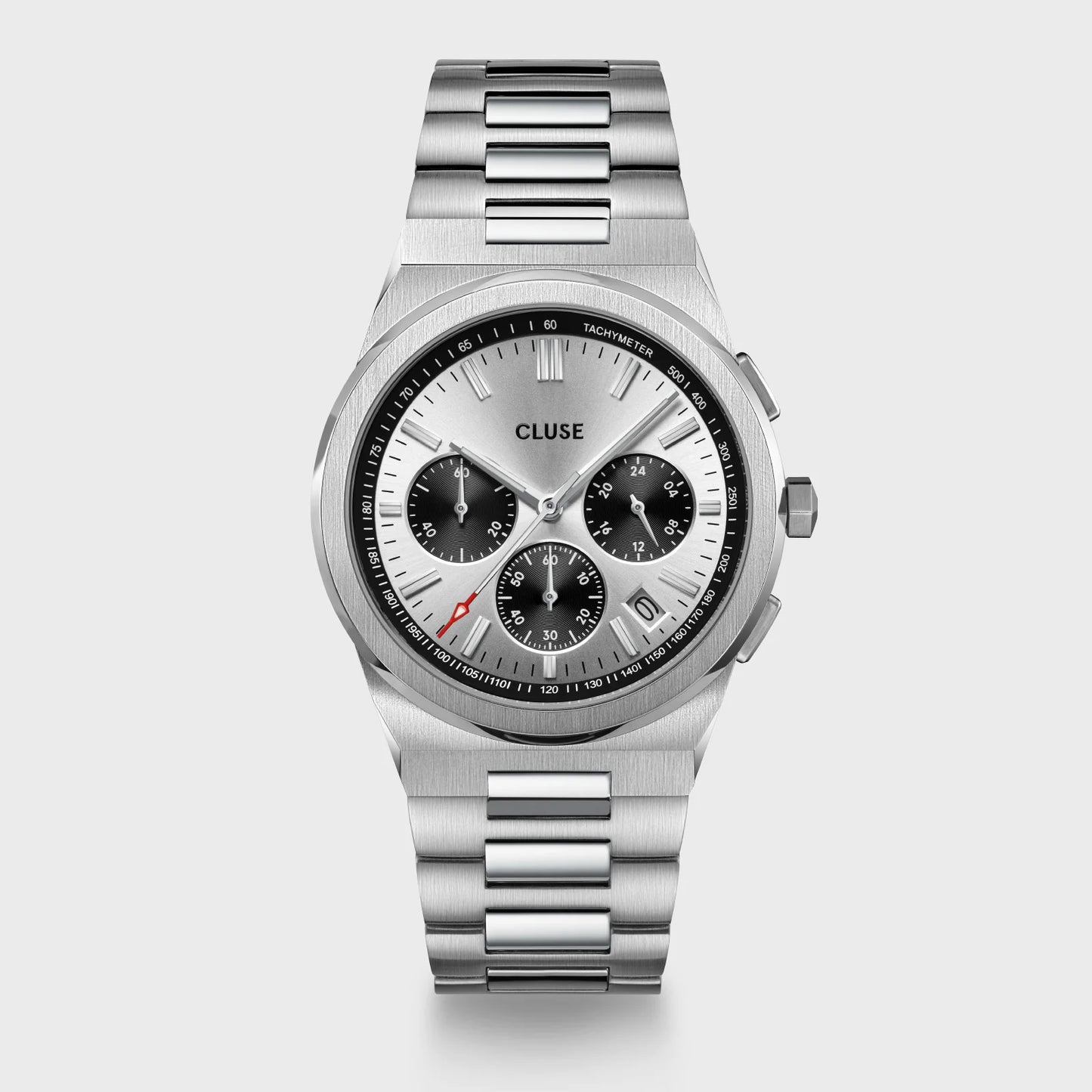 An image of Cluse 40mm Vigoureux Silver Chronograph Dial Stainless Steel Link Watch From official stockists Jack Murphy Jewellers