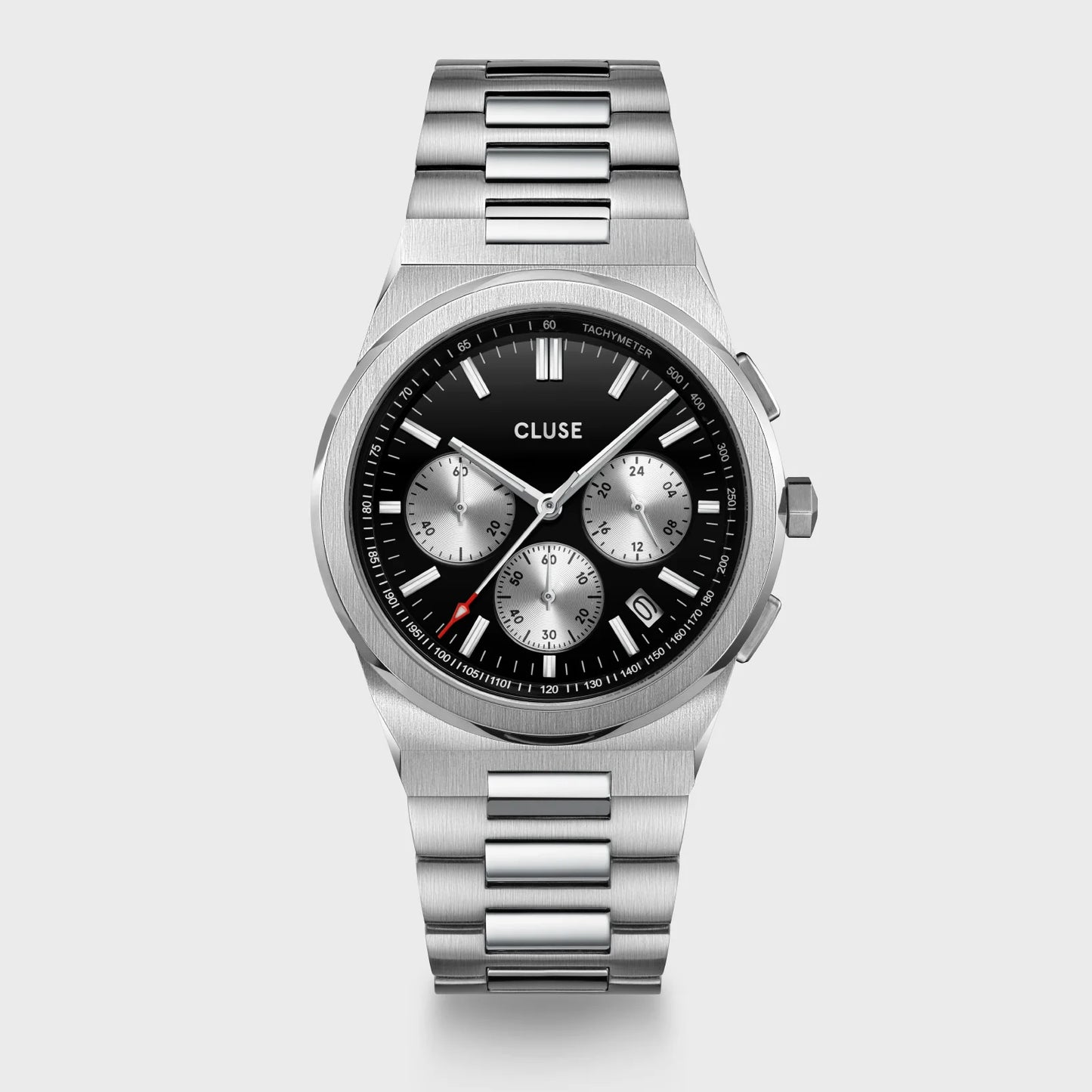 An image of Cluse 40mm Vigoureux Black Chronograph Dial Stainless Steel Link Watch From official stockists Jack Murphy Jewellers