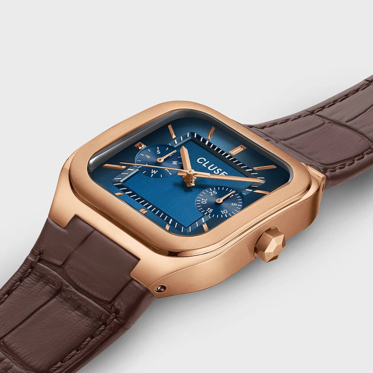 Cluse 35mm Quadrus Multifunction Rose Gold Case, Blue Dial & Brown Leather Strap Watch