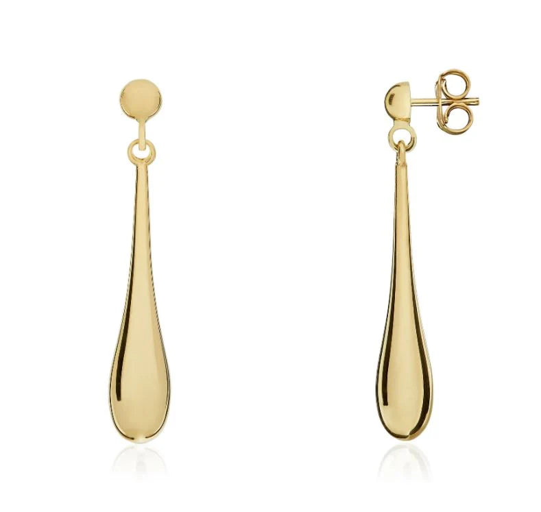 9ct Yellow Gold Long Bombe Drop Earrings