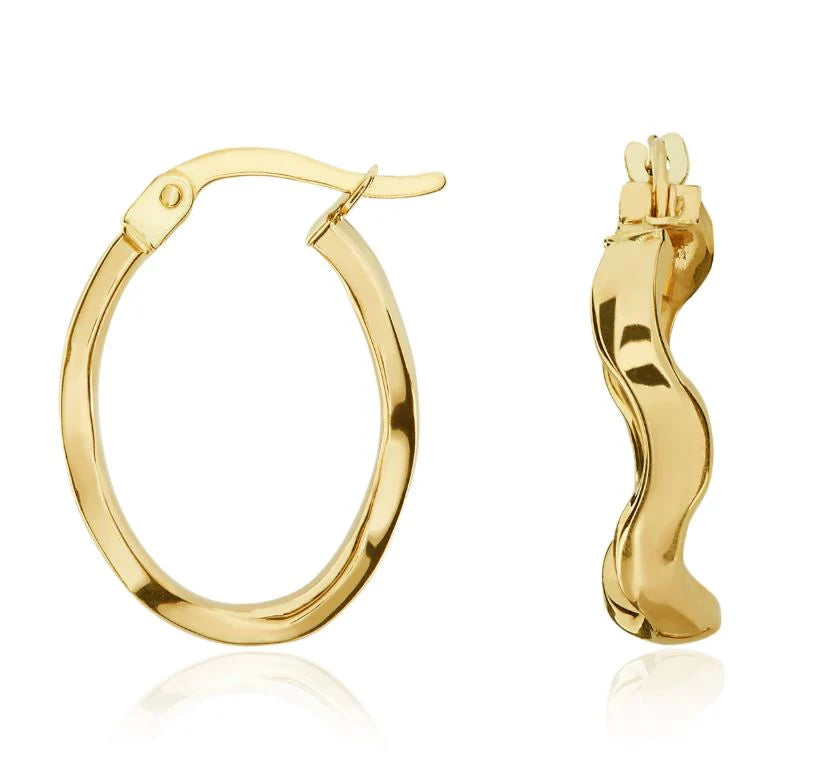 9ct Yellow Gold Polished Wavy Oval Hoop Earrings