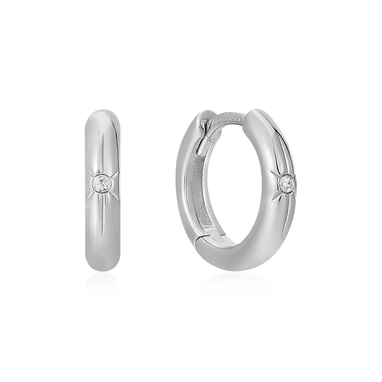 Ania Haie Rhodium Plated Silver CZ Star Huggie Hoop Earrings