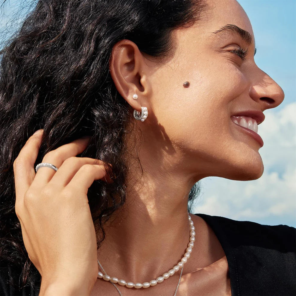 Ania Haie Rhodium Plated Silver CZ Pavé Shell Pearl Huggie Hoop Earrings