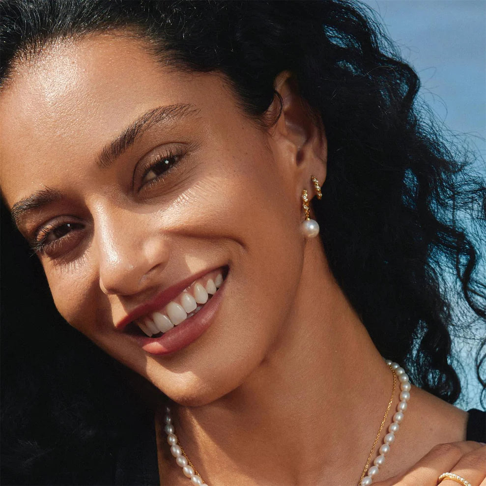 Ania Haie Gold Plated Twisted Pavé CZ & Shell Pearl Drop Huggie Hoop Earrings