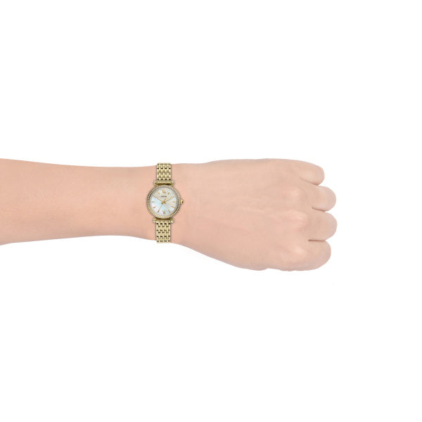 Fossil Ladies 28mm Carlie Mini Three-Hand Gold Tone Mother of Pearl Dial Stainless Steel Watch