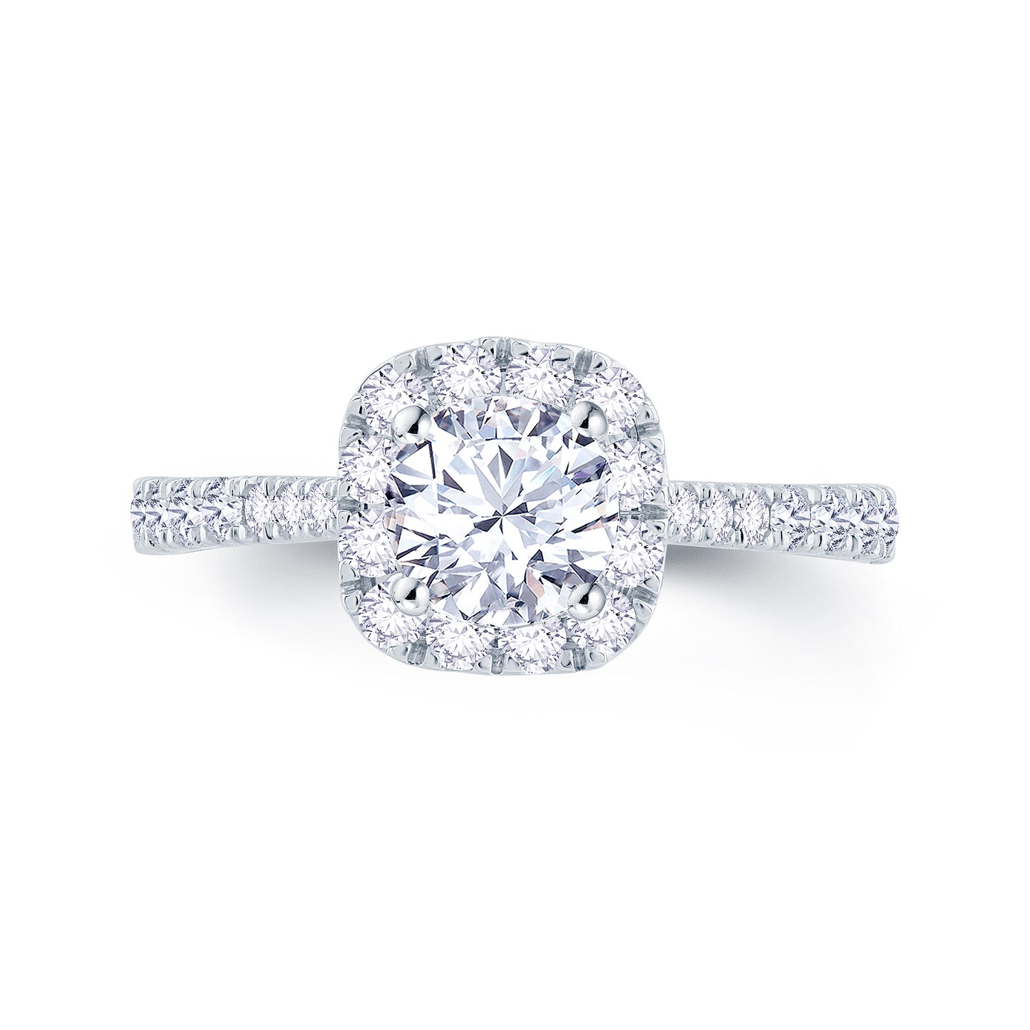 Platinum Round Brilliant & Cushion Halo, Shoulder Set Diamond Ring, 1.50ct