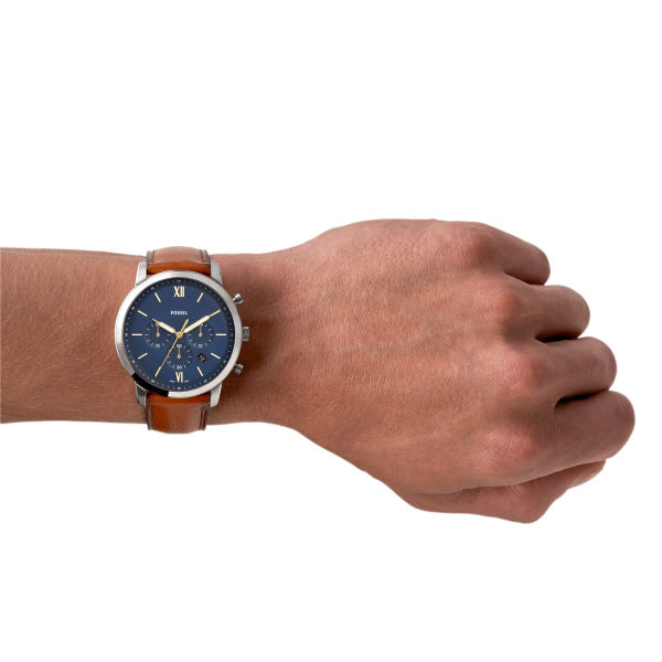 Fossil 44mm Neutra Chronograph Blue Dial Brown Leather Strap Watch