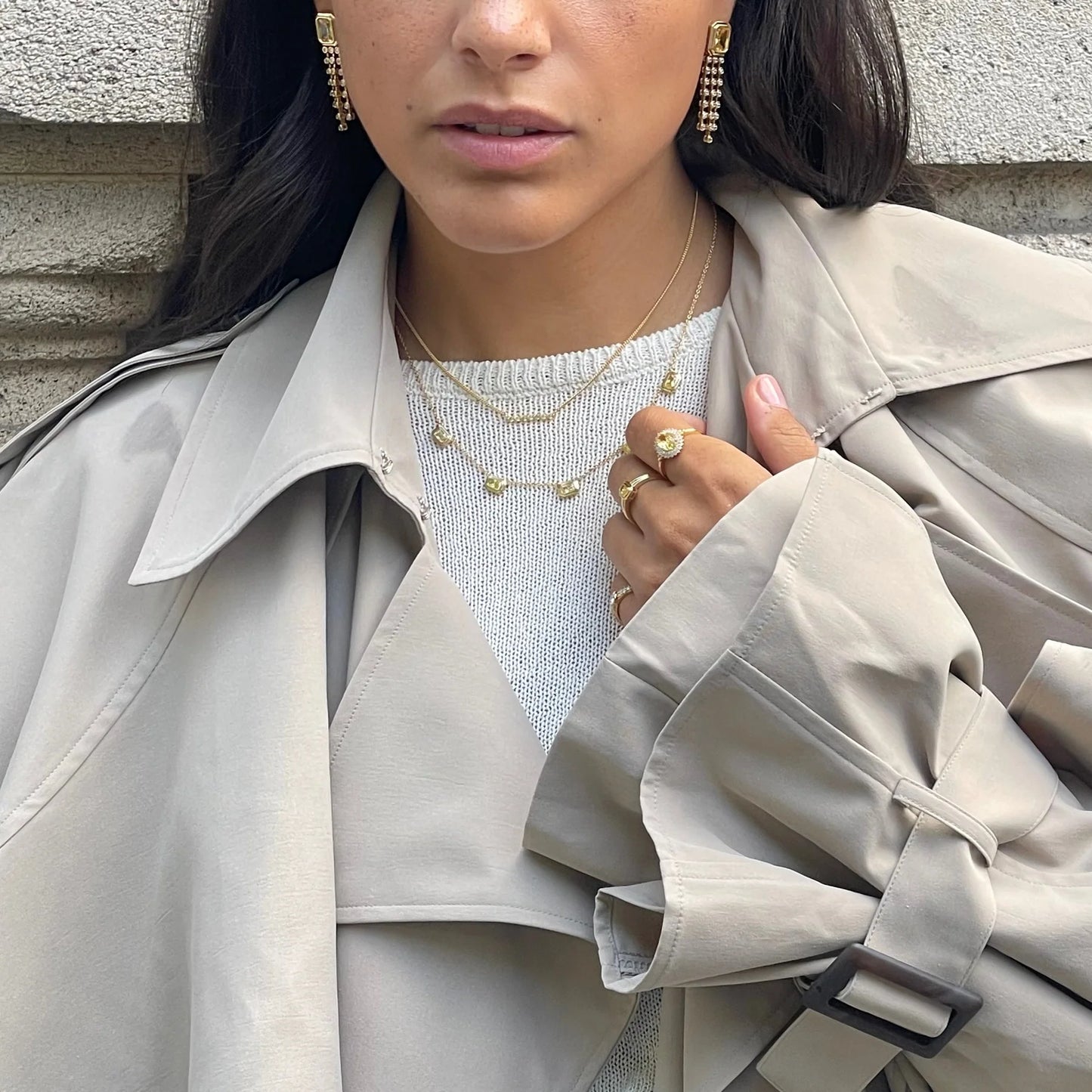 Sterling Silver Yellow Gold Plated CZ Five Stone Rectangle Necklace