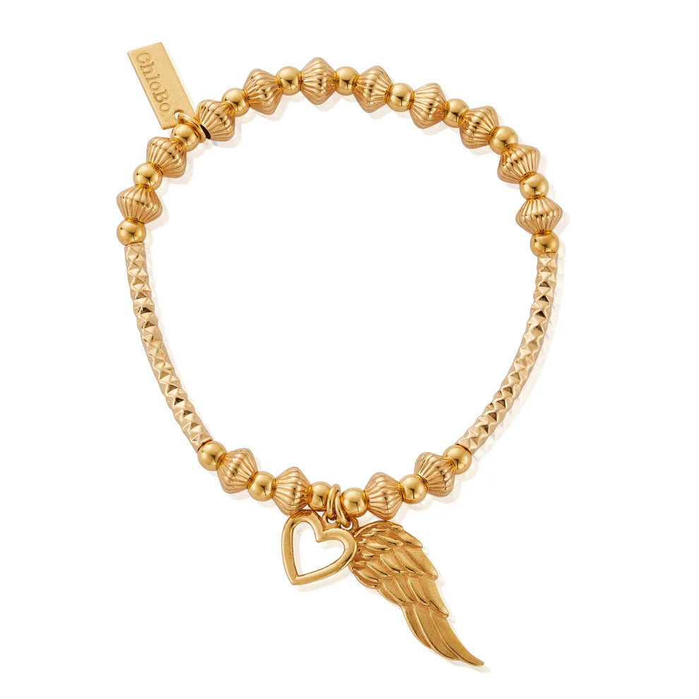 ChloBo Gold Plated Pattern Noodle Disc Heart And Angel Wing Bracelet