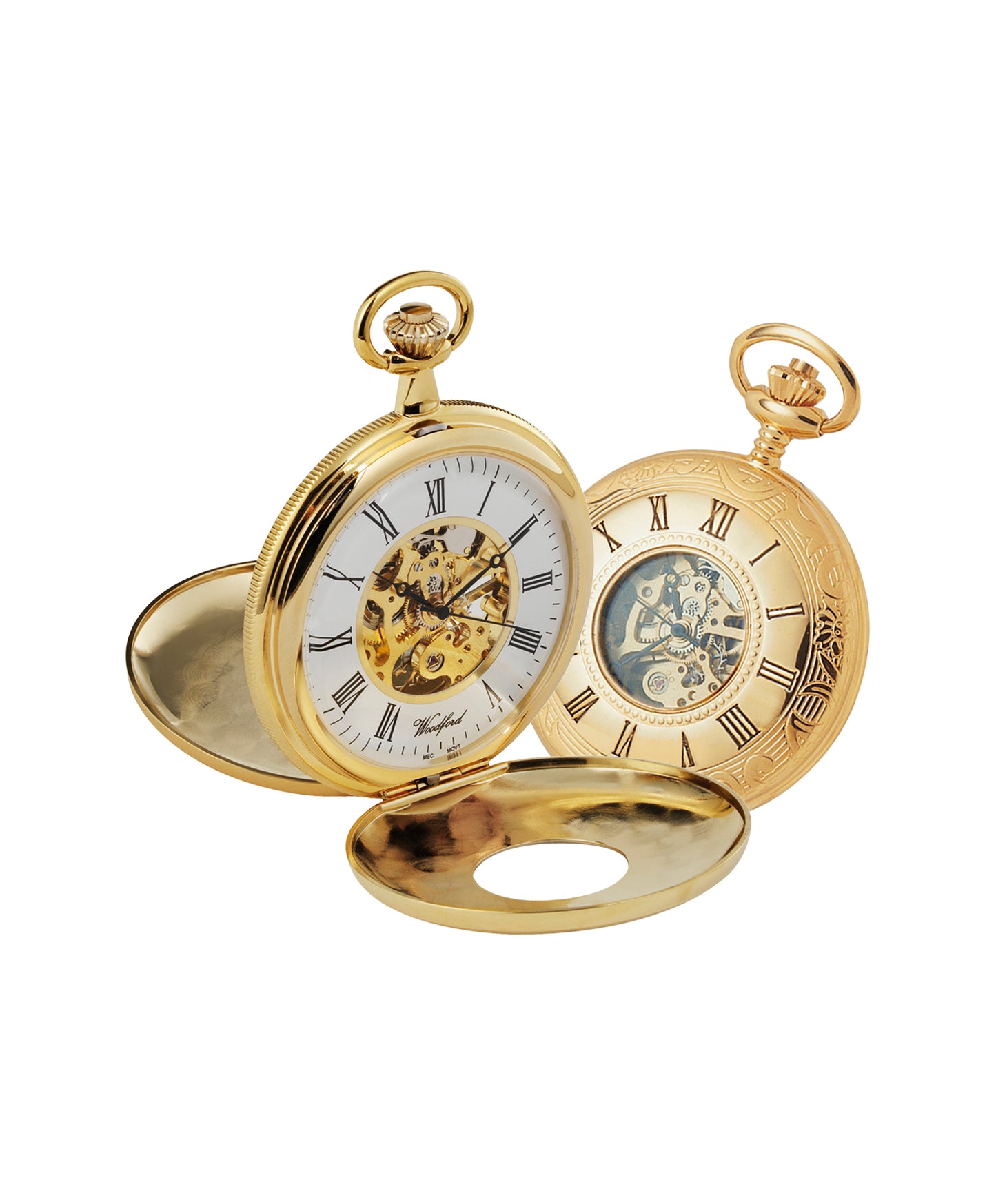 Woodford 50mm Mechanical Gold Plated Half Hunter Skeleton Pocket Watch