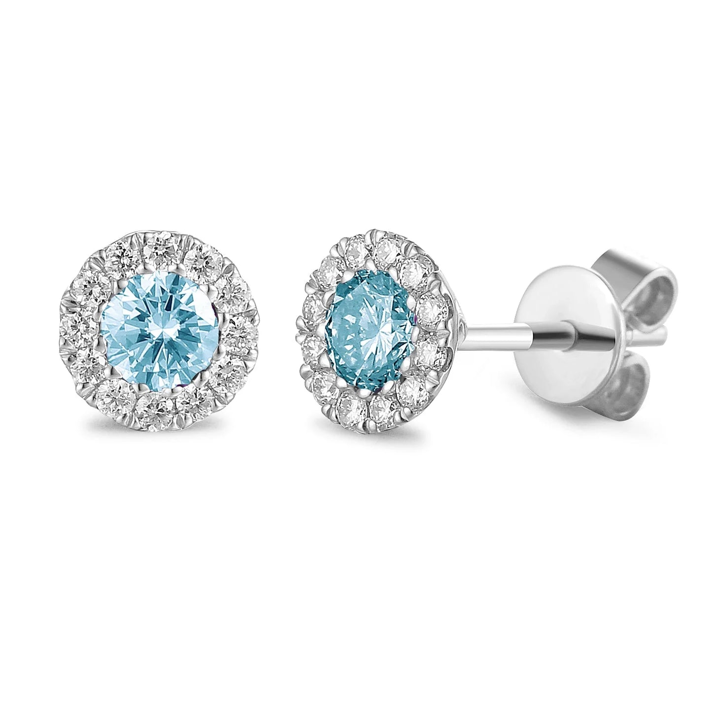 9ct White Gold Round Aquamarine & Diamond Halo Stud Earrings