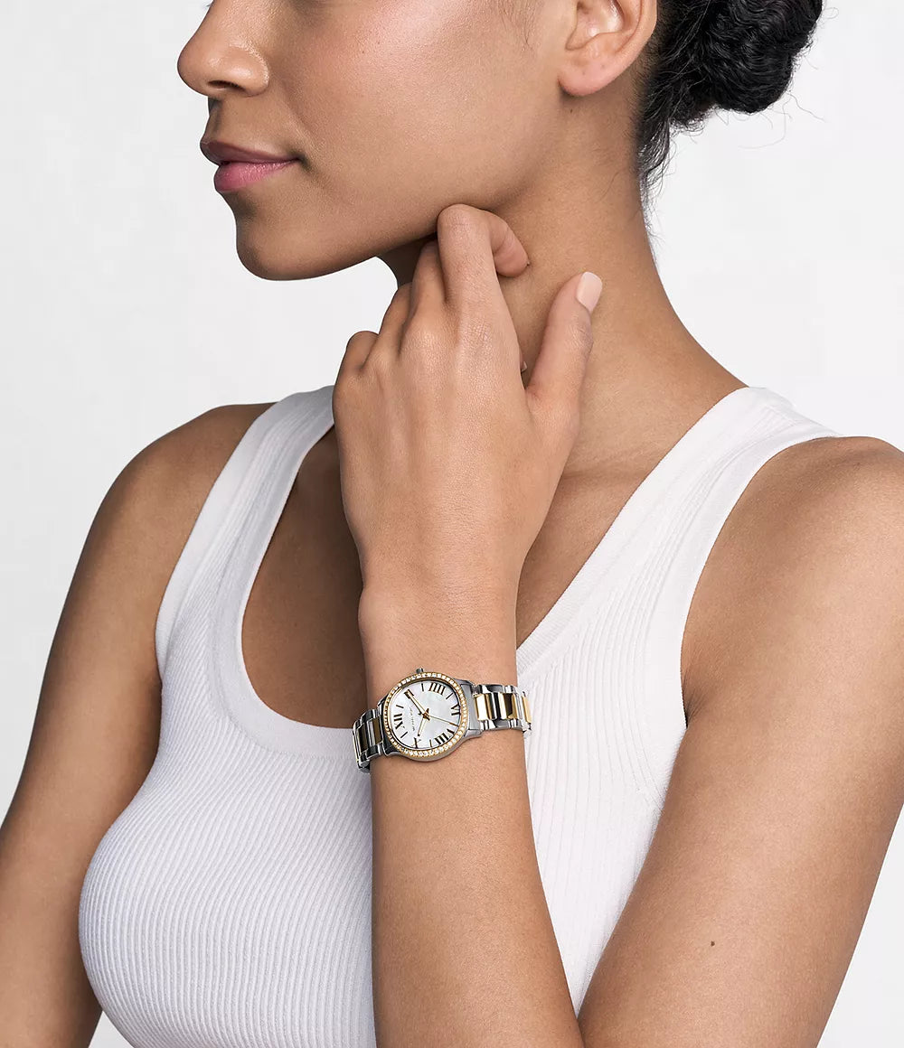 Michael Kors 31mm Sage Ladies Mother of Pearl Three-Hand Two Tone Stainless Steel Watch