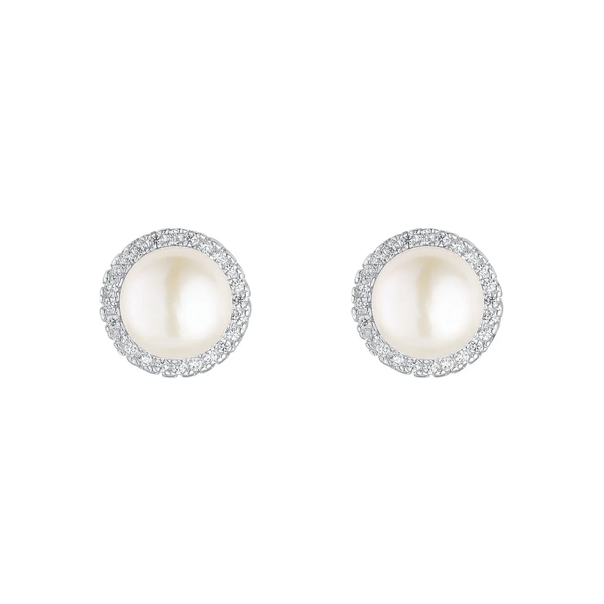 Sterling Silver CZ Halo Freshwater Pearl Stud Earrings