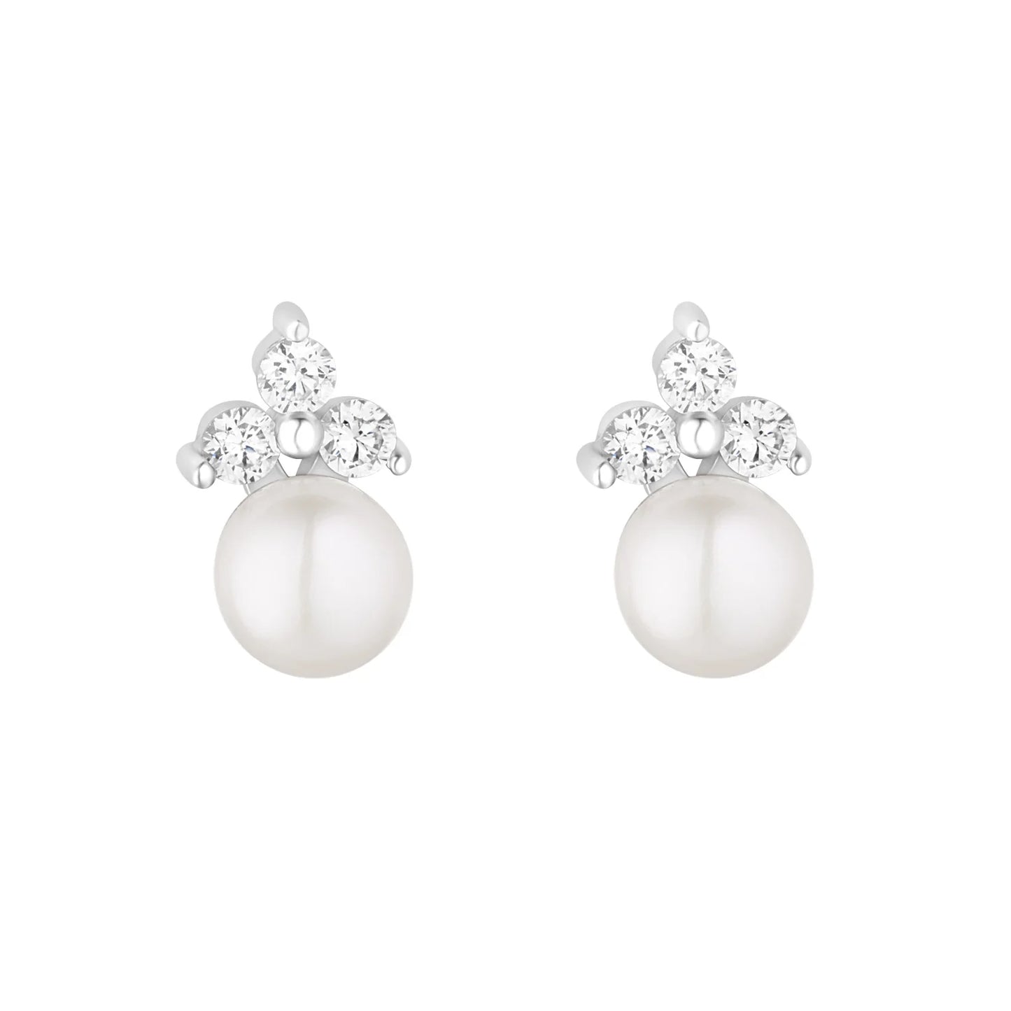 Sterling Silver Pearl & CZ Trinity Stud Earrings