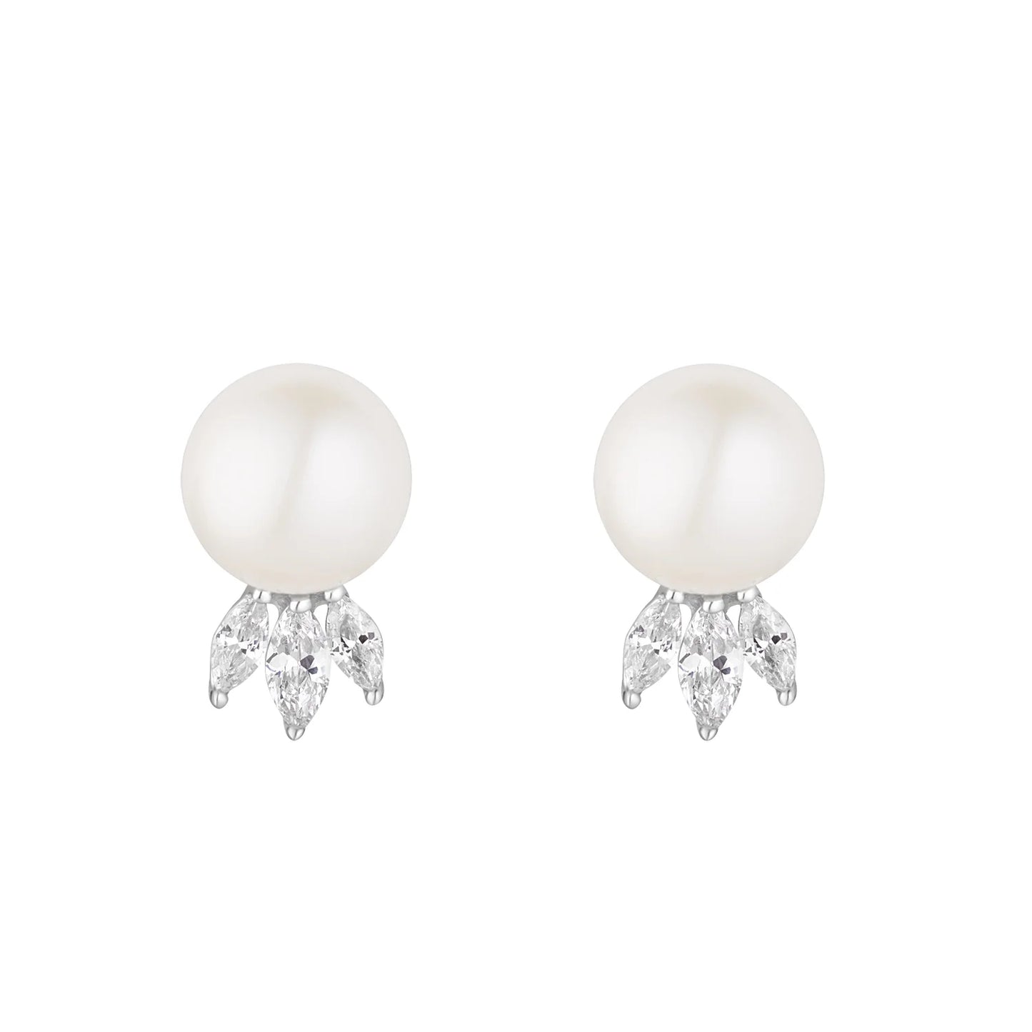 Sterling Silver Marquise CZ & Pearl Crown Stud Earrings