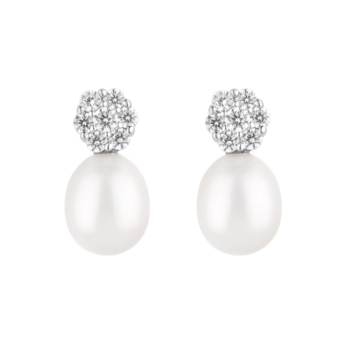 Sterling Silver Cluster CZ & Pearl Stud Drop Earrings