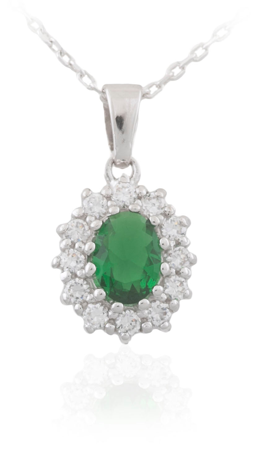 Sterling Silver Green Oval & Halo CZ Necklace