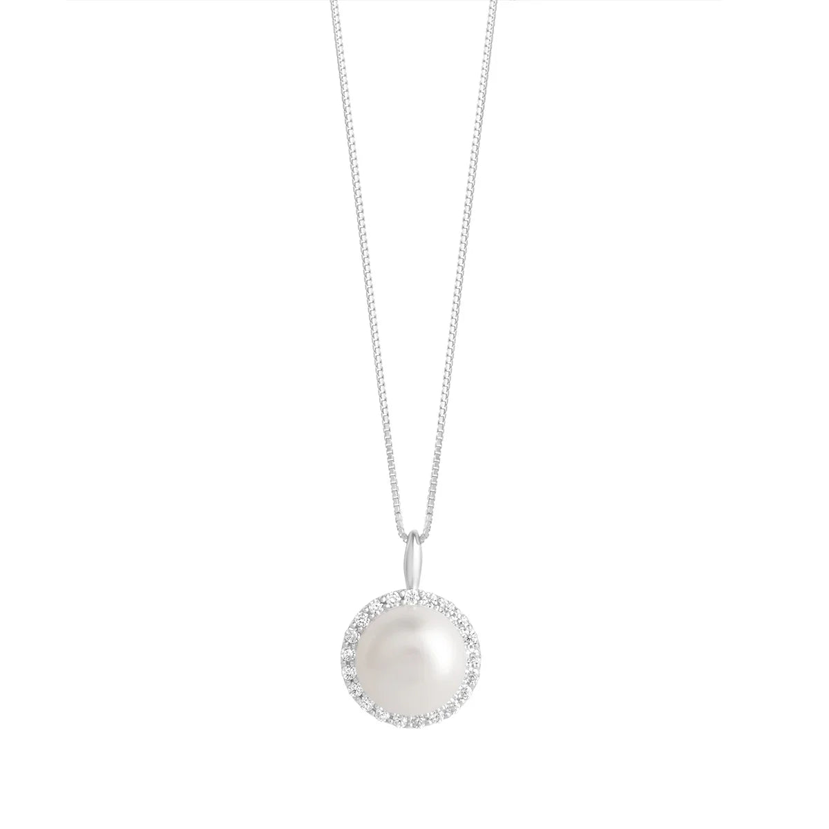 Sterling Silver Pearl & CZ Halo Necklace