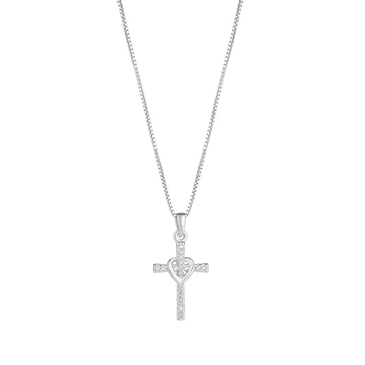Sterling Silver CZ Set Cross & Detailed Heart Necklace