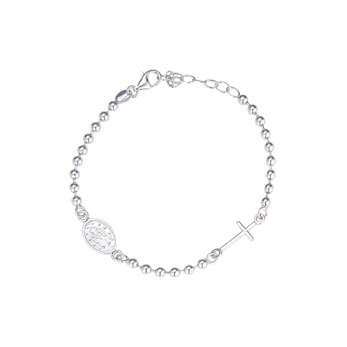 Sterling Silver Miraculous and Cross Ball Chain Bracelet