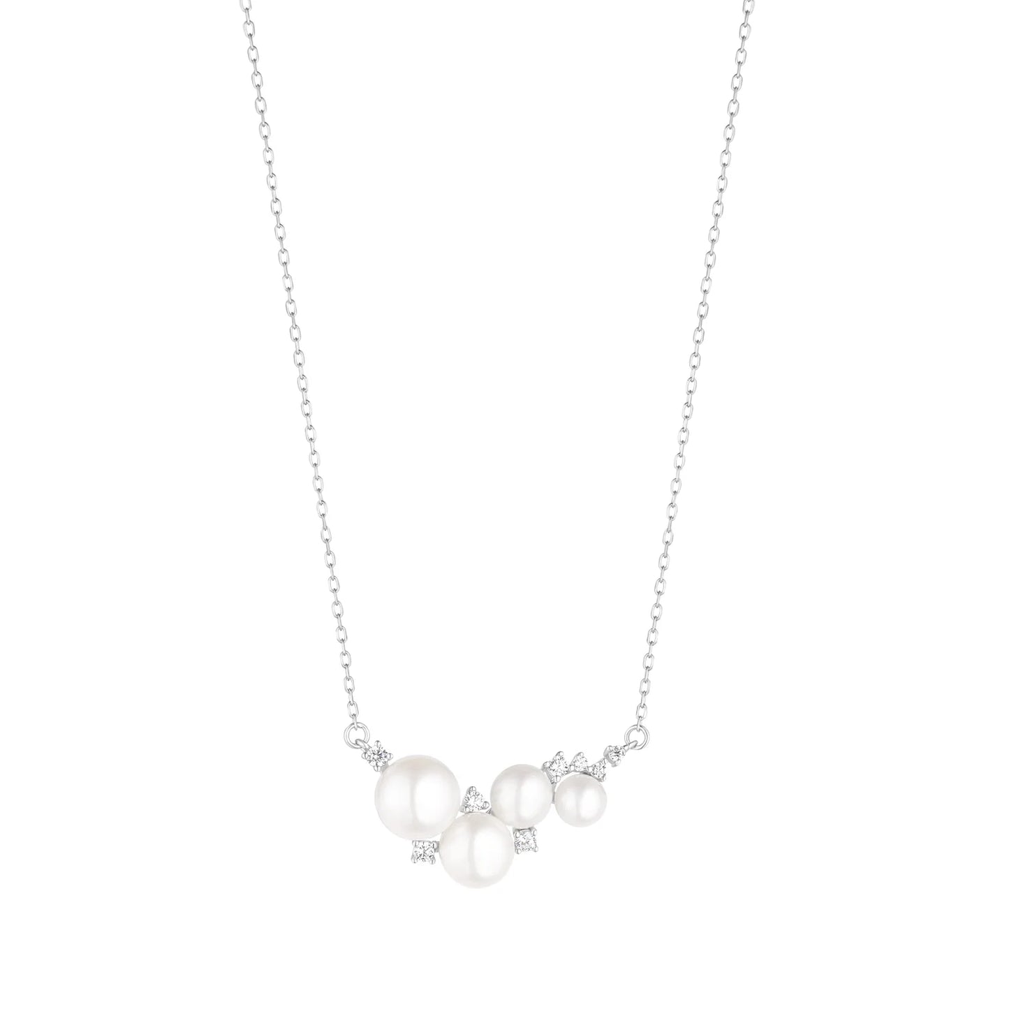 Sterling Silver Multi Size Pearl & CZ Necklace