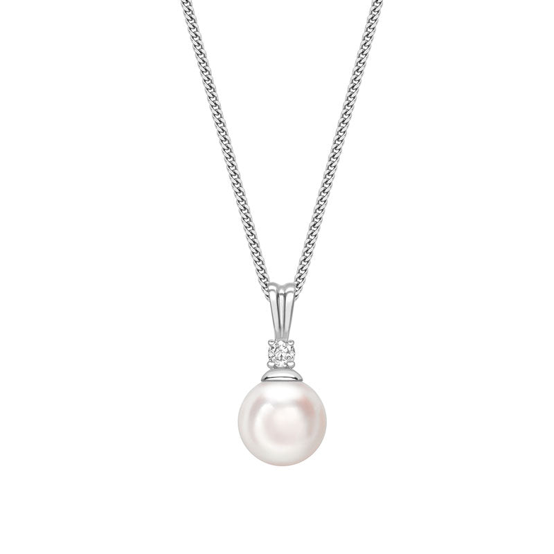 18ct White Gold Akoya Pearl Pendant Necklace, 0.20ct